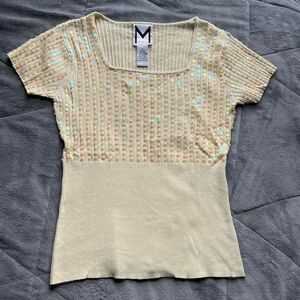 Vintage Y2K Marc Bouwer Sequin Square Neck Short Sleeve Yellow Sweater Top Sz M